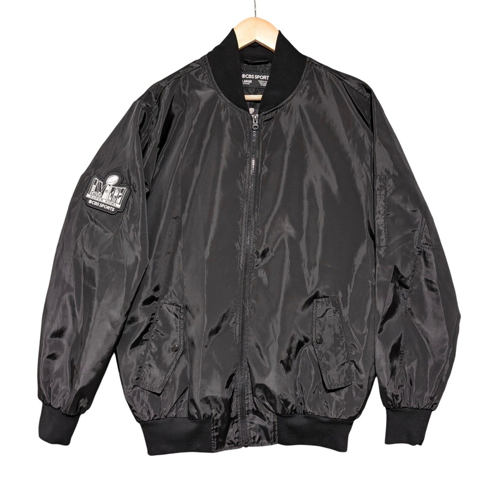 CBS Sports Super Bowl LVIII Black Bomber Jacket Mens Large NFL Crew Zip Up